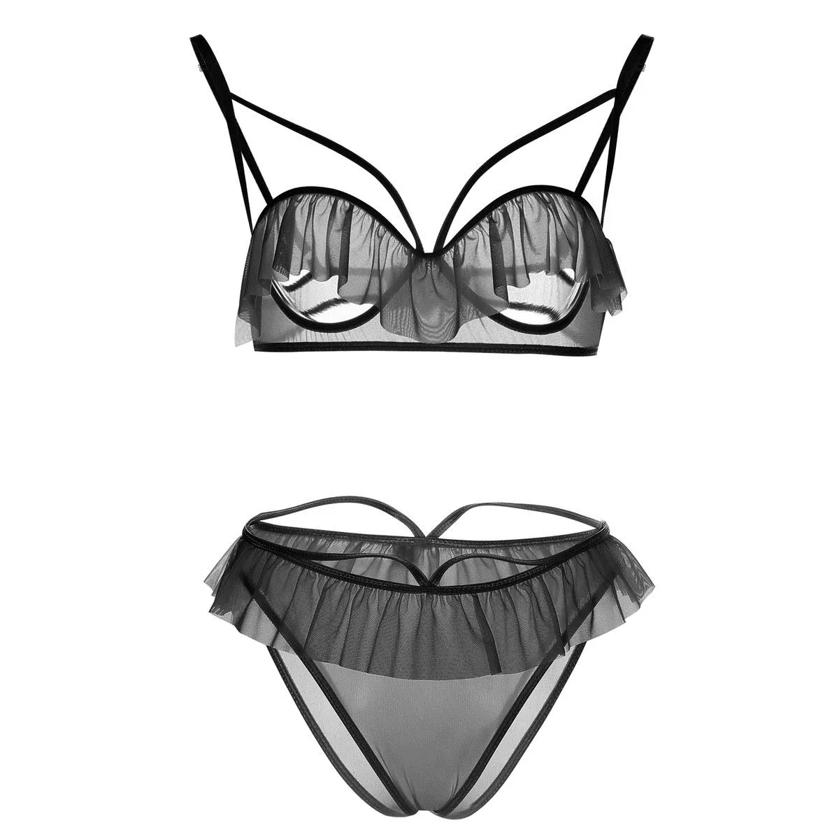 Sexy Plus Size Bandage Lingerie with Ruffles and Open transparent bra panty set