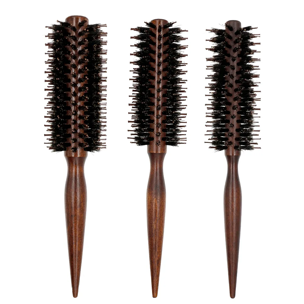 Anti statique sanglier poils droit sergé brosse coiffure ronde en bois brosse à cheveux peigne pour cheveux bouclés