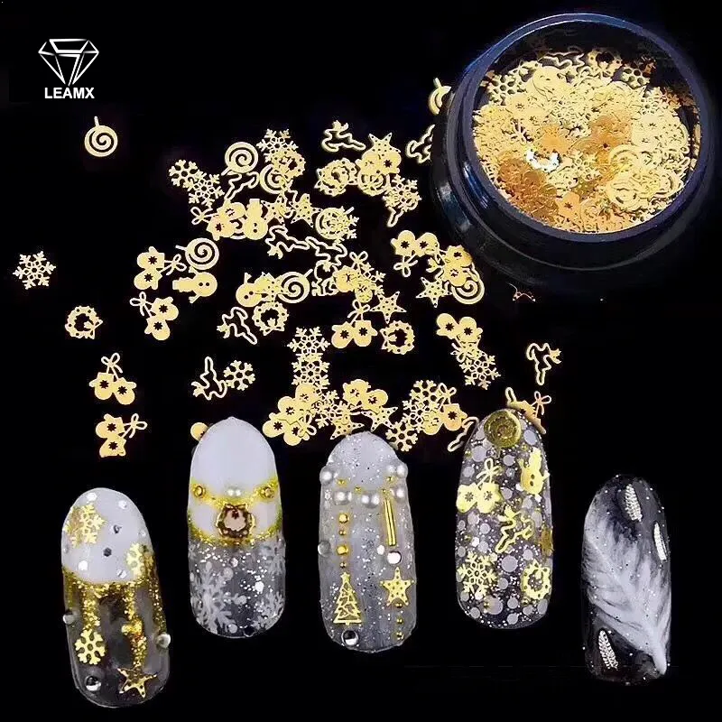 Leamx 1Box 3D Steentjes Goud Hollow Pailletten Nail Art Decoraties Butterfly Heart Snow Christmas Flake Accessoires Beauty