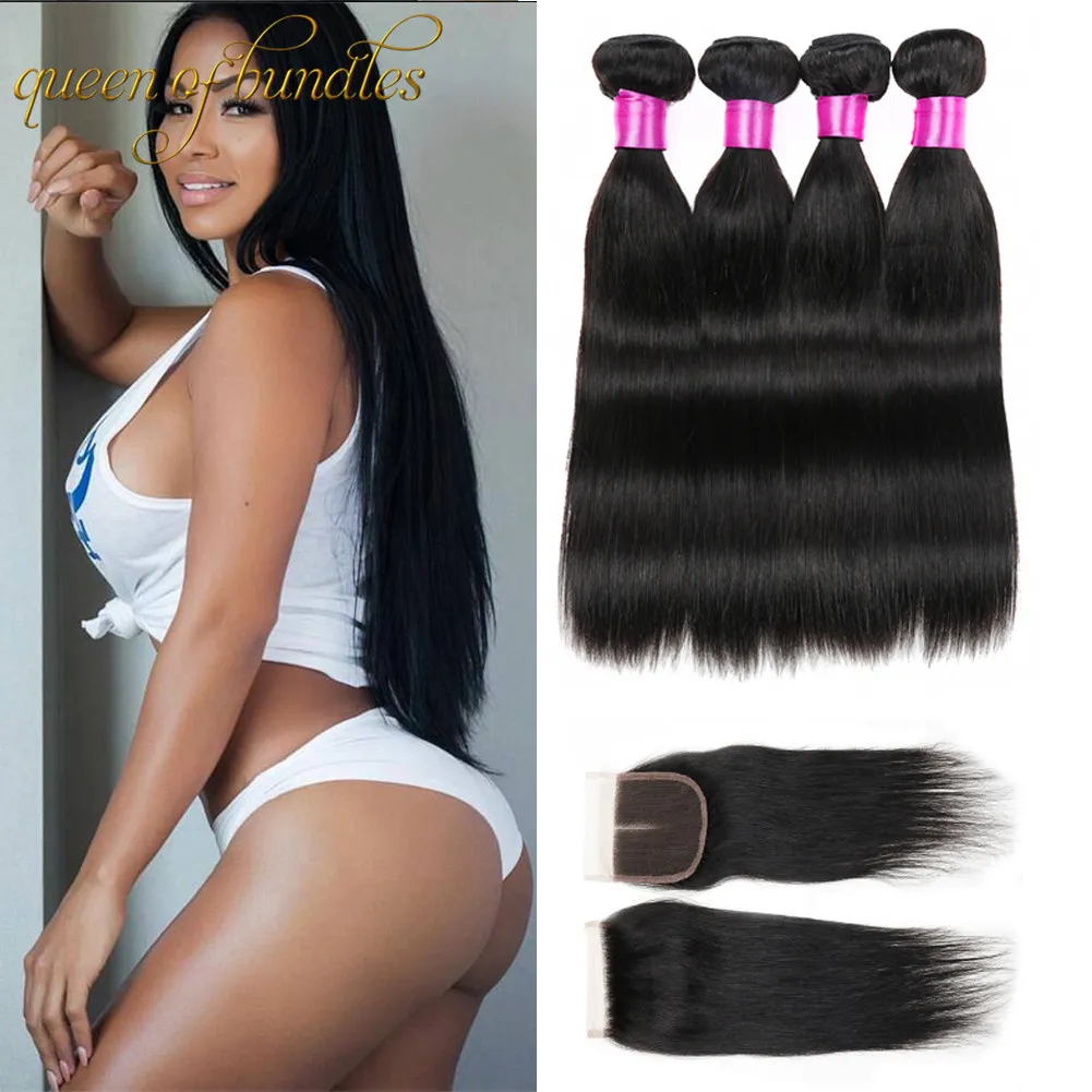 Cabelo Virgem malaio Em Linha Reta Com Fechamento 9A Não Transformados Brasileiro Indain Peruano Pacote E 100% Cabelo Humano Lace Closures Com o Cabelo Do Bebê