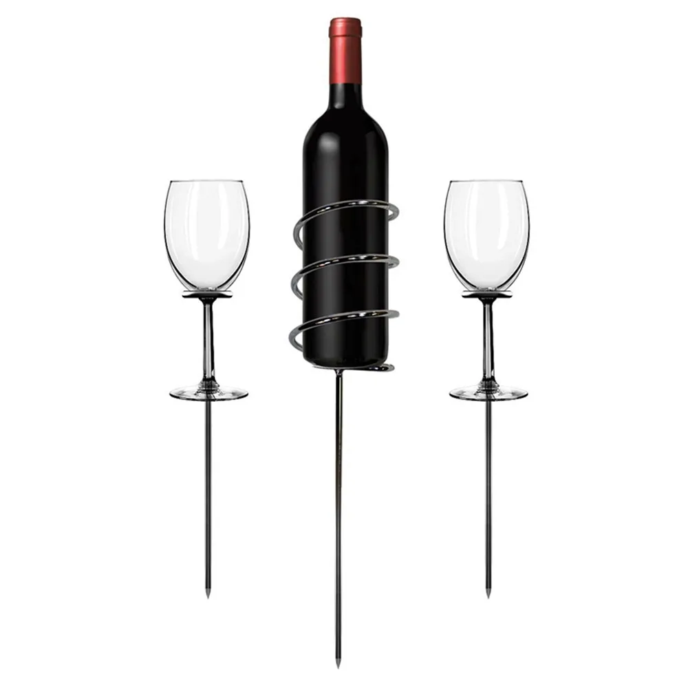 Bouteille de vin extérieure et bâtons de support en verre en acier inoxydable pour pique-nique 3 pièces faciles pour une bouteille de vin rouge ou blanc et deux verres
