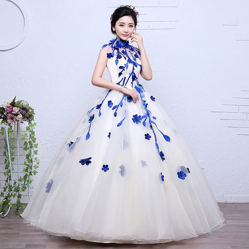 4 färg röd svart blå vintage hög nacke blommor bröllopsklänning 2018 ny koreansk stil prinsessa billig spetsboll vestidos de novia