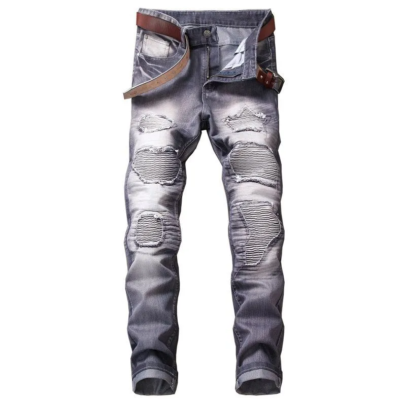 Men's Distressed Motorcycle Biker Jeans VINTAGE Pleated Pants Slim Fit Mens Moto Denim Hip Hop Punk Streetwear For Men 6#249n