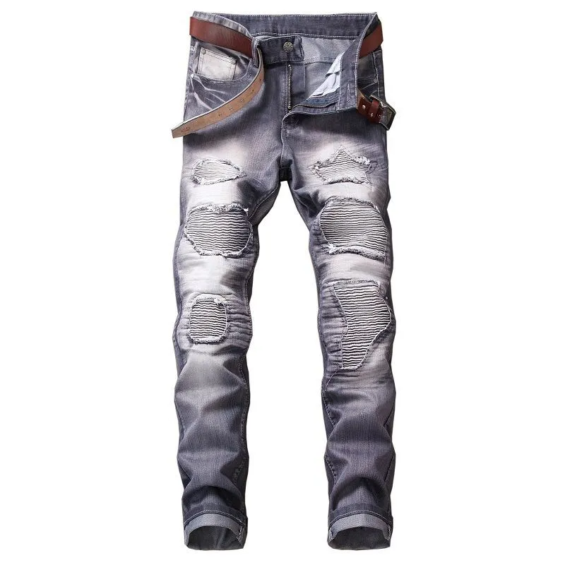 Jean de motard en détresse pour hommes, pantalon plissé VINTAGE, coupe cintrée, Denim, Hip Hop, Punk, Streetwear pour hommes 6 # 249n