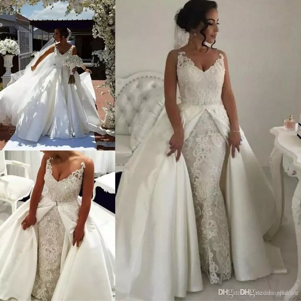 Ny ankomst Luxury Mermaid Bröllopsklänningar med avtagbar tåg Lace Applique V Neck Land Bröllopsklänningar Satin Bridal Klänningar