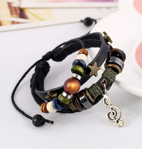 Punk Beaded Leather Multilayer Wrap Bracelet Mens Vintage Alloy Star Music Note Charm Pendant Bracelet Men Jewelry