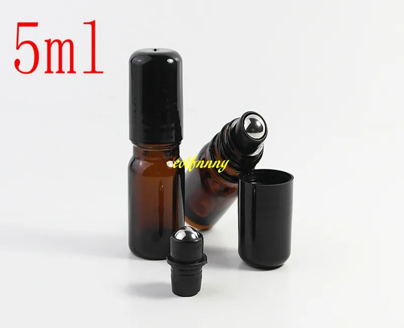 100 teile/los 5 ml 1/6 unzen Dicke Bernstein Nachfüllbare Leere Rolle auf Glas Flasche Für Ätherisches Öl Edelstahl glas Roller Ball