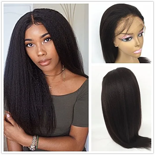 Yaki Straight Human Hair Wig 4x4 Lace Closure Kinky coily front Wigs For Black Women 130%density