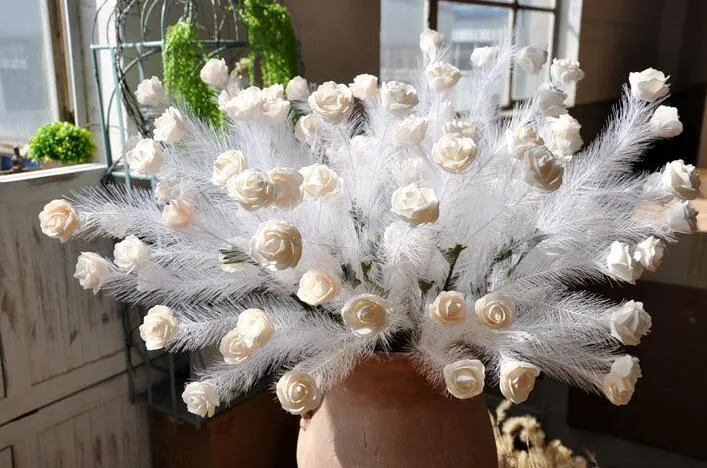 Artificial PE rose feather art vintage rose Wedding road lead to false flowers Five rose heads HR022