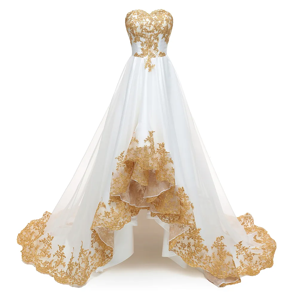 Luxus High Low Brautkleider 2019 Gold Appliques Brautkleider Kurze Vordere Lange Zurück Braut Kleid Sexy Arabische Brautkleider
