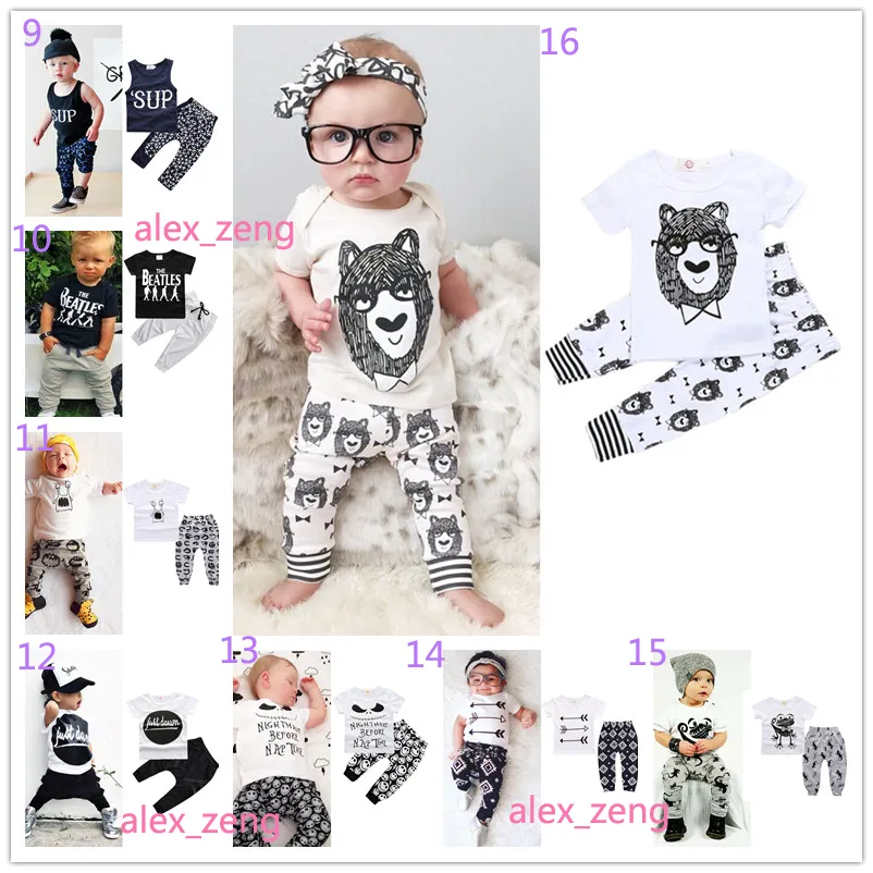 40 Style Baby Boys Girls Sets INS Fox Stripe Letter Suits Kids Infant Casual Short Sleeve T-shirt +Trousers Sets Newborn Pajamas