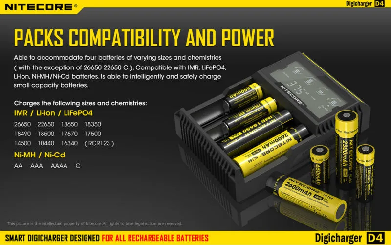 Chargeur de batterie / d'origine de Nitecore D4 D2 I4 I2 Digicharger LCD Circuit intelligent d'assurance globale 18650 14500 16340 26650