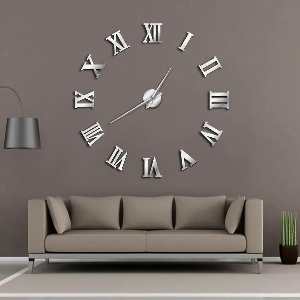 Moderne bricolage grande horloge murale 3D miroir Surface autocollant décor à la maison Art géant horloge murale montre avec chiffres romains grand