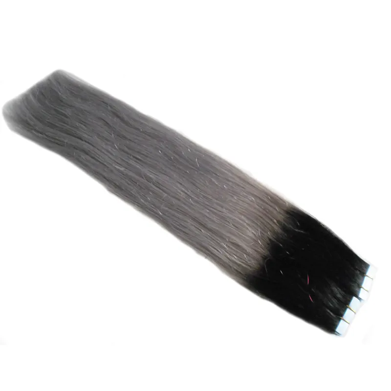 1B Silver Grey Ombre skin weft tape extensions 100G Straight gray hair PU tape in human hair extensions9696392