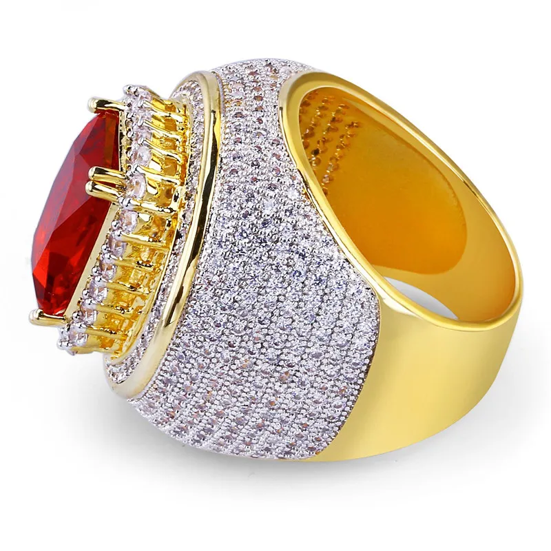 Män Guldfärg Hip Hop Ringar Micro Pave Big Red Cz Stone Alla Iced Out Bling Ringar för Manliga Kvinna Smycken