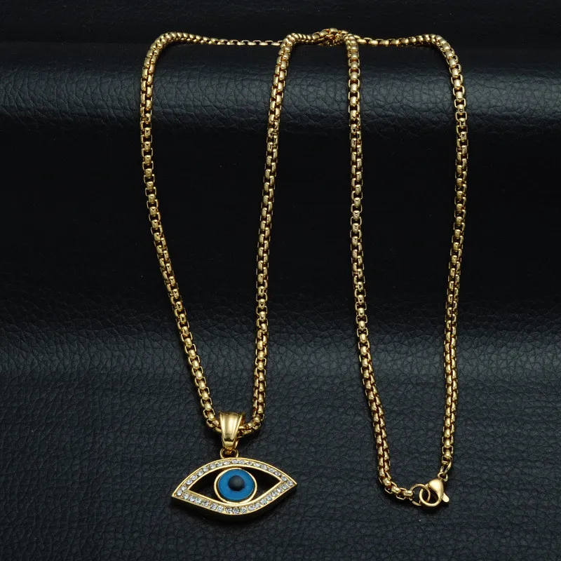 Evil Eye Anhänger Halskette Edelstahl Eingelegtes Kristall Truthahn viel Glück Blauer Augenanhänger 60 cm Kette5970849