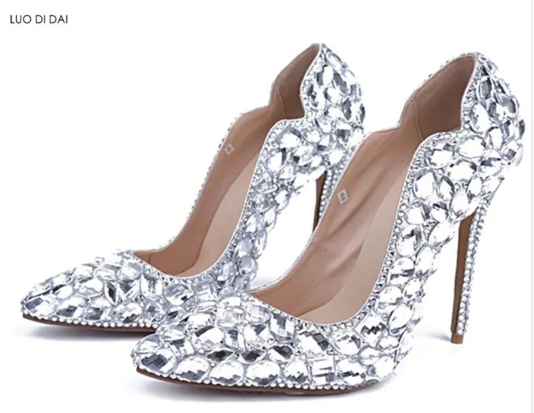 2018 Novas mulheres diamante de salto alto sapatos de festa de salto fino bombas de strass ponto toe vestido sapatos de cristal bombas de sapatos de casamento