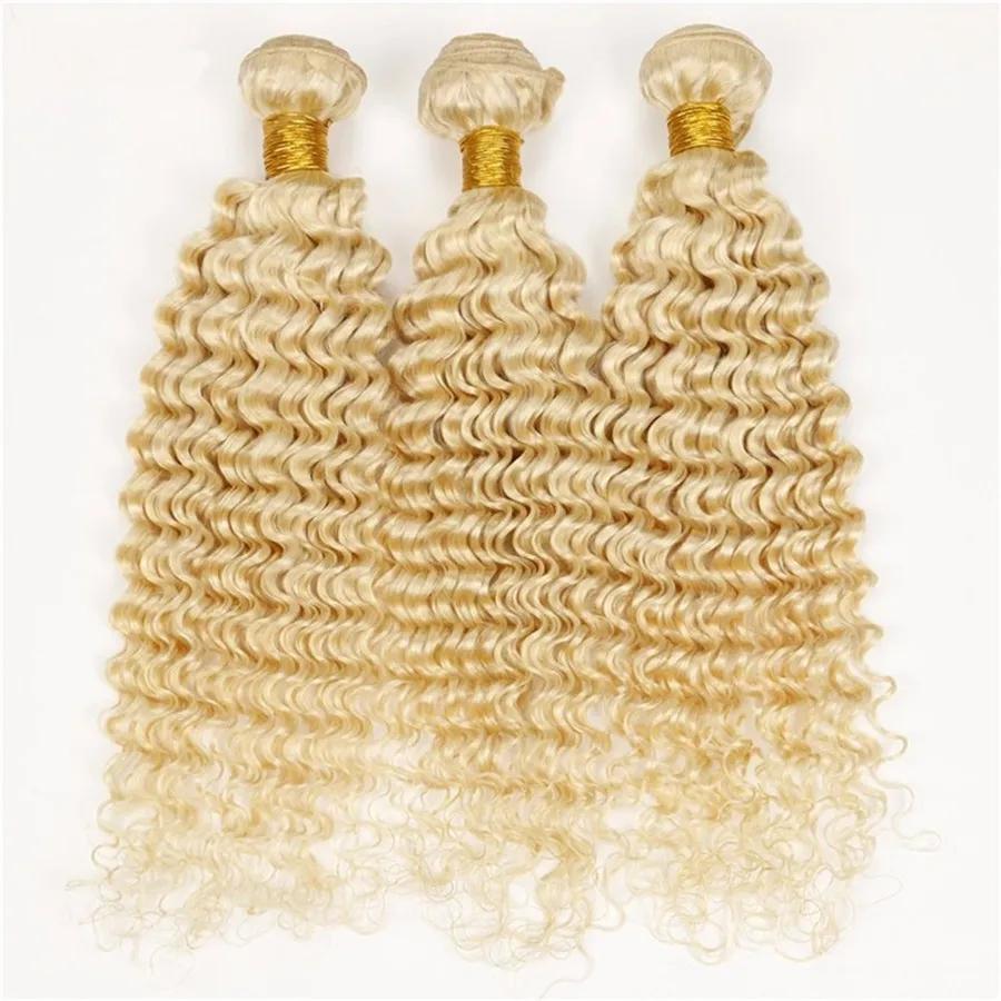 Deep Wave Bundles de cheveux humains # 613 Platinum Blonde Deep Wave Curly Virgin Weaves / Cheveux Humains Brésiliens Unprocess Hair Fast Ship