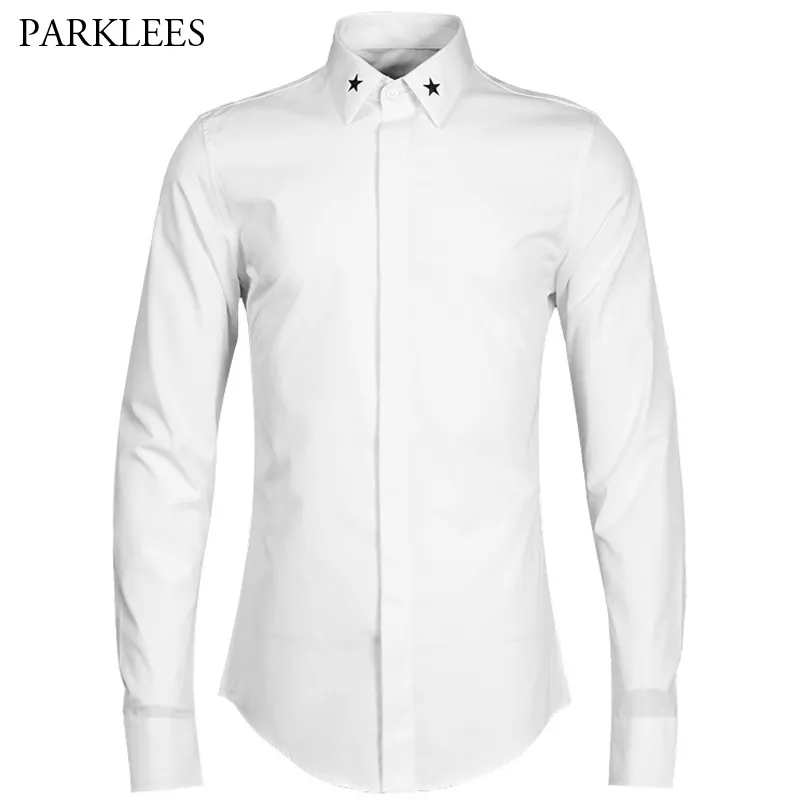  Mens Dress Shirts 2017  New Star Embroidery Shirt Men Casual Slim Fit Chemise Homme Long Sleeve Cotton Men Shirt 4XL