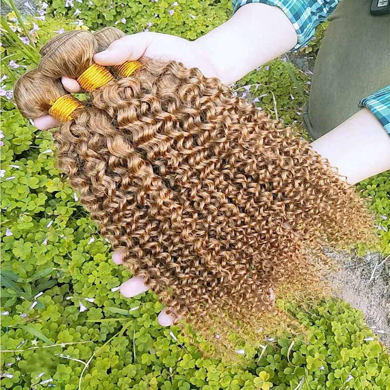 Fasci di capelli umani biondi brasiliani colorati 27 # fasci di tessuto biondo capelli umani economici estensioni dei capelli ricci crespi biondi brasiliani