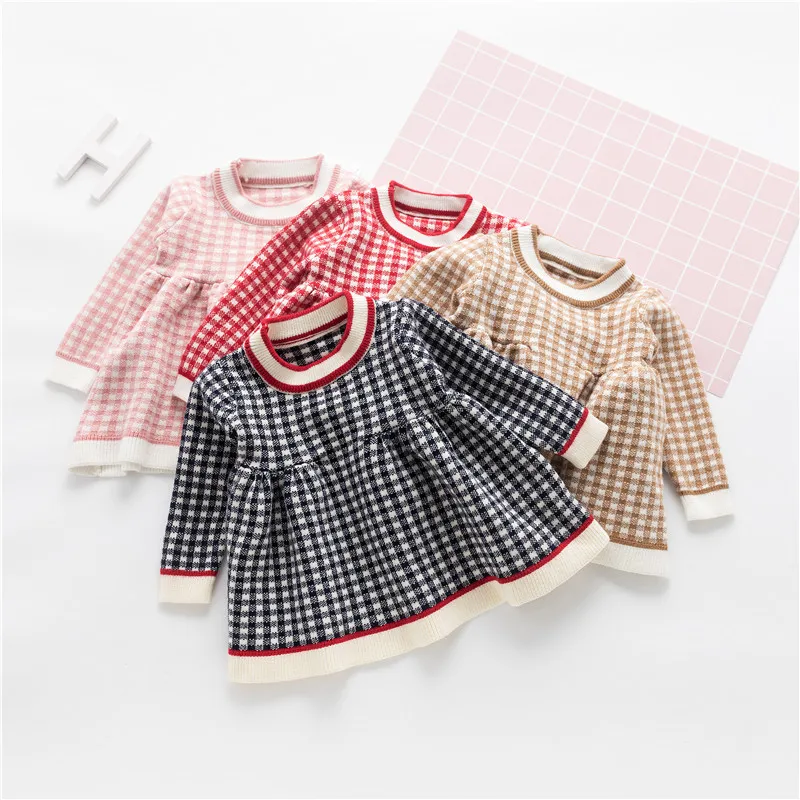 2018 Autunno manica lunga neonati neonati ragazze bambini dolce o-collo plaid maglieria partito principessa tutu maglione vestito abiti C939