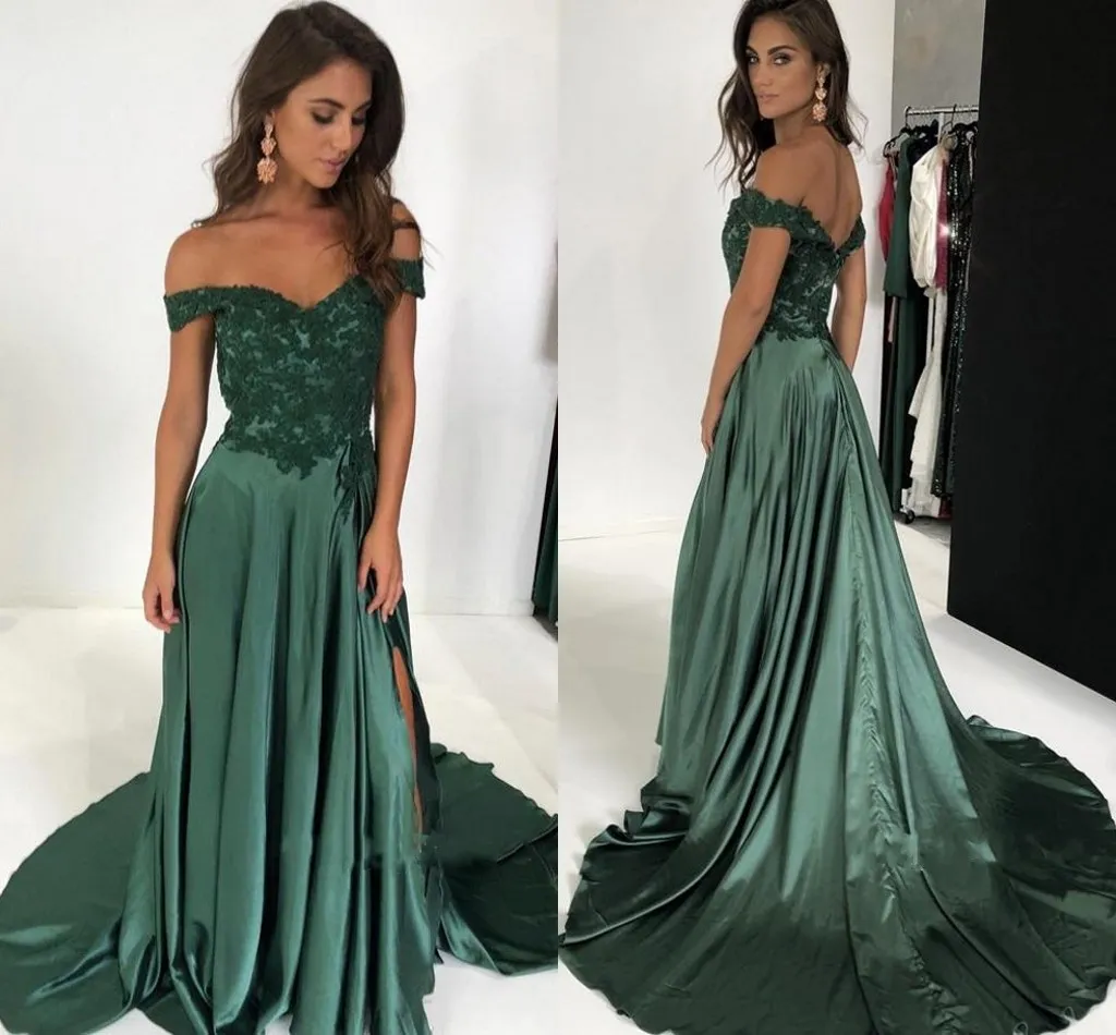 Off The Shoulder Long Prom Dresses Appliques Lace Satin Split Side Aline Floor Length Backless Evening Dresses Dark Green Party Gowns