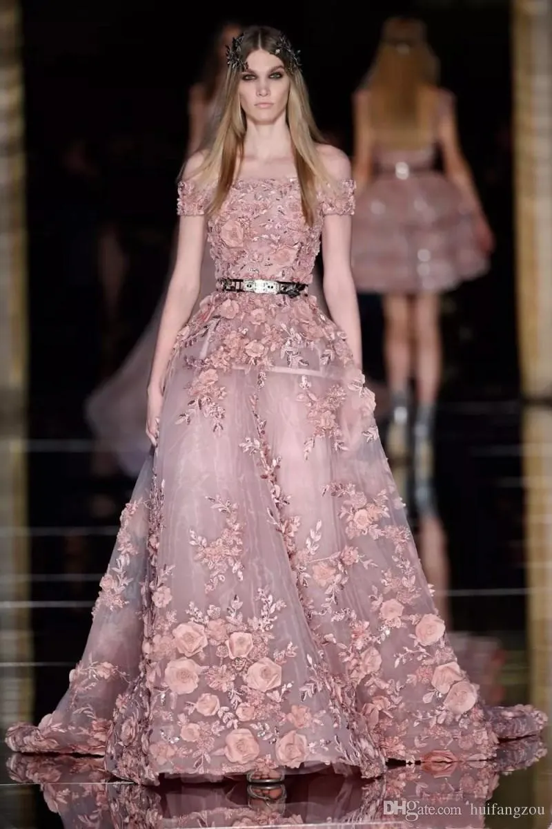 Ny couture zuhair murad prom klänningar till salu 3d blommor applikationer dammig rosa kväll klänning plus storlek senaste festklänning design