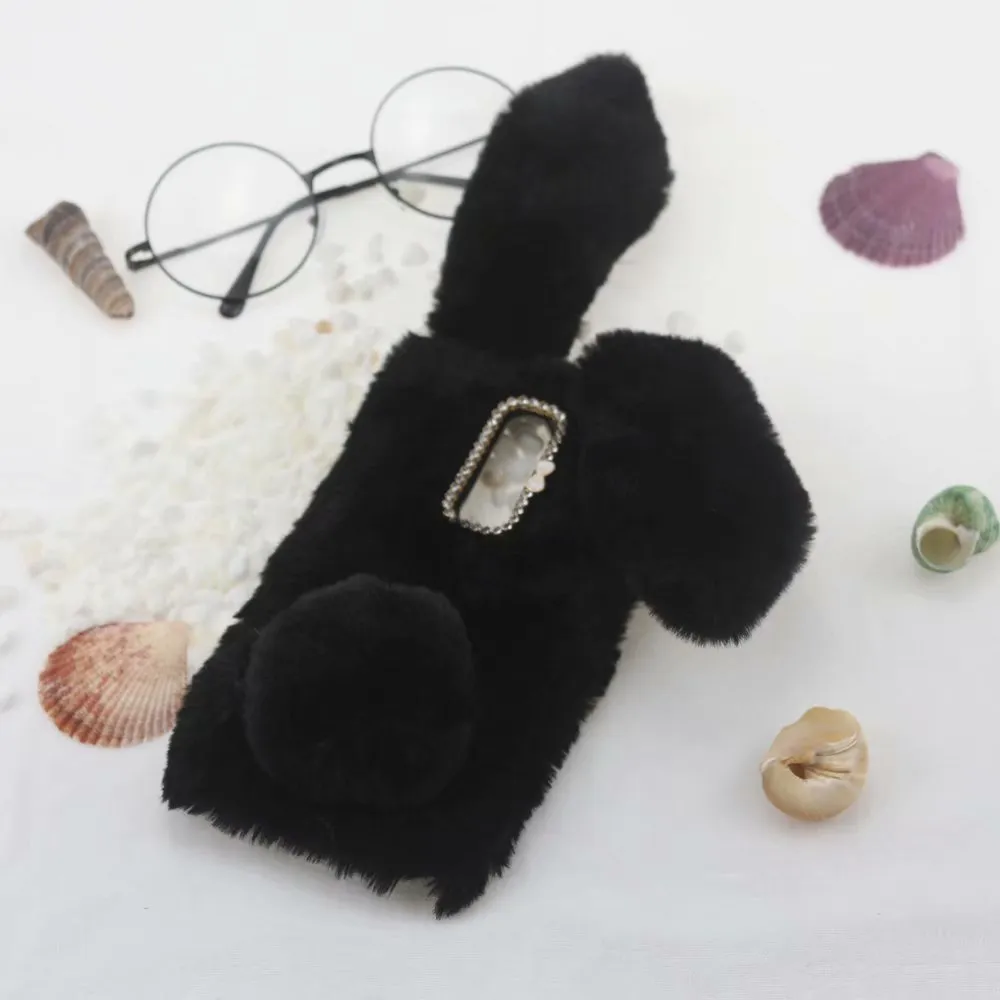 3D Rabbit Genuine Hair Plush Cases For For Samsung S24 S23 Ultra Plus S22 A24 A04E A34 A54 A14 5G A04 Bling Diamond Fluffy Fur Fuzzy Soft TPU Ear Fashion Back Cover Skin