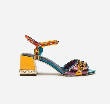 2018 Rome Style Block Obcasy Gladiator Sandały Kostki Klamry Pasek Kobiety Pompy Moda Studded Rices High Heels Women Shoes