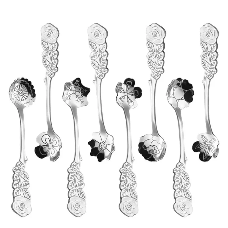 8 styles Stainless Steel Flower Shape Spoon Coffee Stirring Scoop Ice Cream Cake Dessert Spoon Rose Flowers handle spoon Party supplies