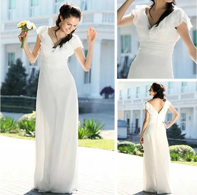 Ivory Cap Sleeves Custom Made Chiffon Floor Length V-neck Bridesmaid Dresses A-Line With Ivory Applique inWedding Guest Dresses