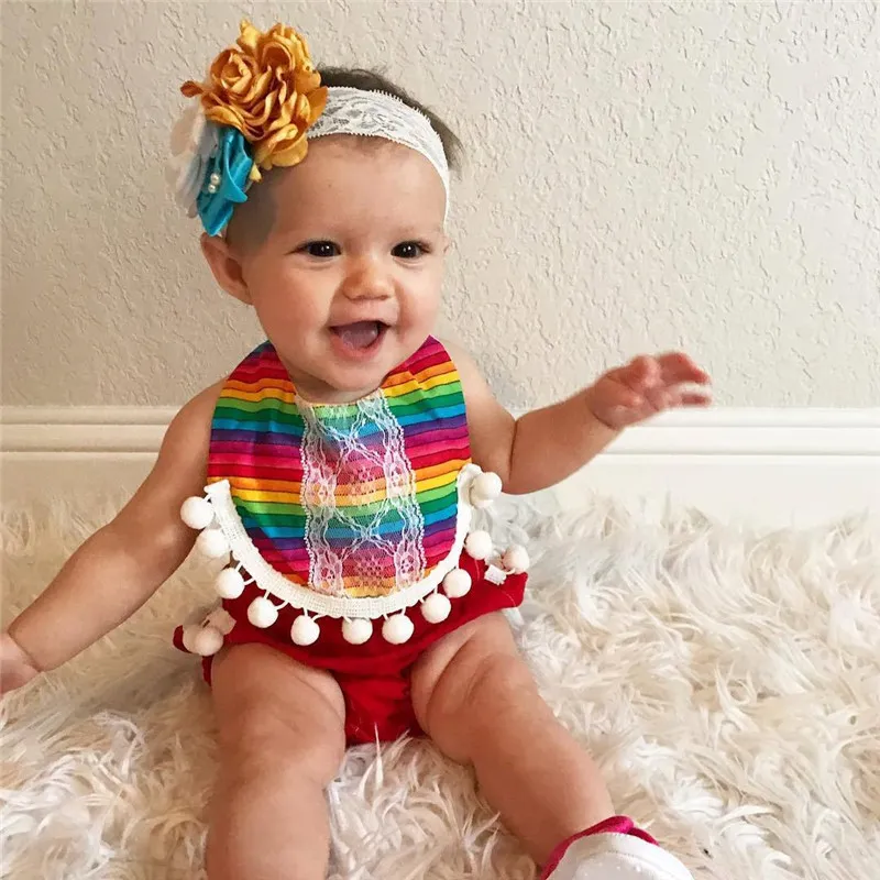 Sevimli Bebek Kız Tulum 2018 Yaz Tek parça Kıyafetler Bebek Giysileri Bebek Yürüyor Kızlar Tulum Gökkuşağı Çizgili Püskül Bodysuit Çocuk Giysileri