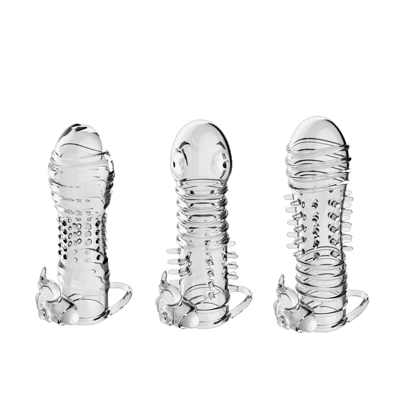 Vibrador Manga Pênis Reutilizável Atraso Manga Longa de Cristal Spike Dildos Vibrando Penis Mangas Sex Toys para Homens GM-139