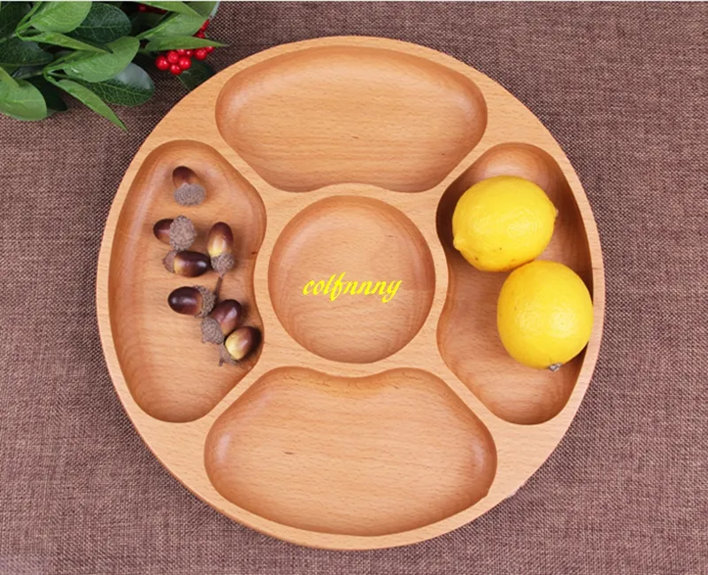 5 lattices Round Wooden Snack dish Family fruit dessert dish grains wood plate Home Party servicing Tray