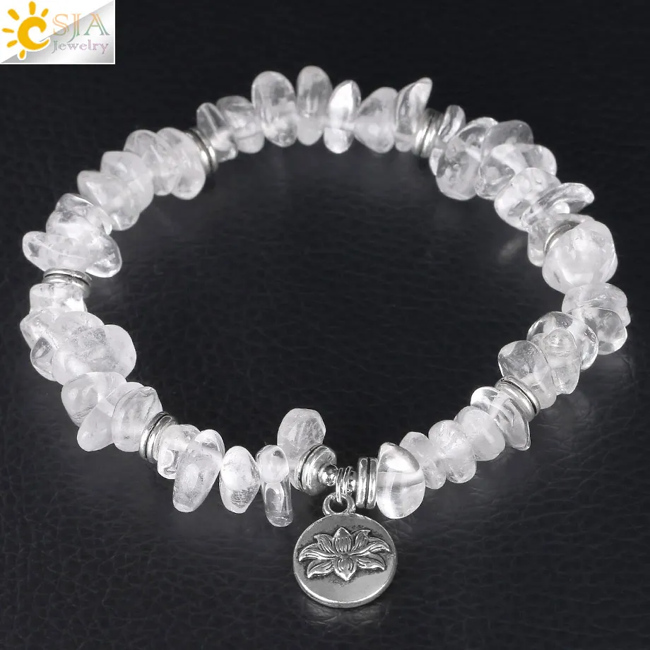 CSJA Gravel Bracelet Irregular Natural Stone Beads White Crystal Chip Bracelets for Women Lotus Flower Pendant Handmade Jewelry Elastic F382