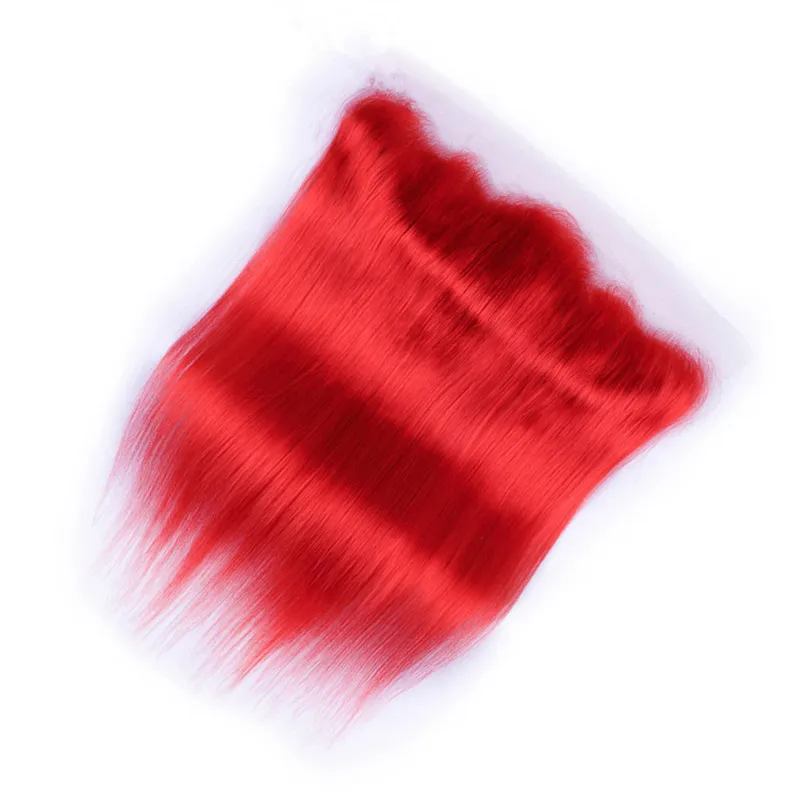 Virgin Brasilianska rent röda mänskliga hårväv med frontal stängning silkeslen rak färgad röd full spets frontal 13x4 med 3 buntar 4891499
