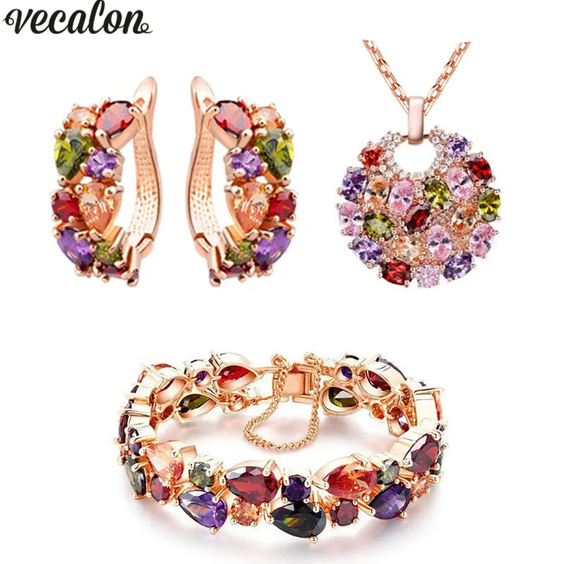 Vecalon Luxury Mona Lisa Style Mutil Colors 5A Zircon CZ Rose Gold Filled Halsband Örbrytande Armband Smycken Set för Kvinnor