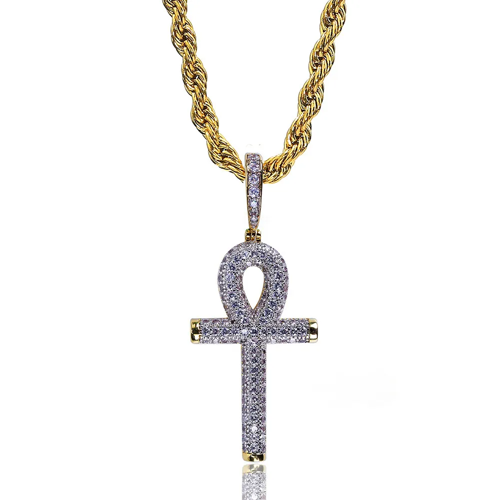 Hip Hop Egyptische Ankh Sleutel Kruis Hanger Ketting Iced Out Goud Zilver Kleur Vergulde Micro Verharde Zirkoon Hanger Ketting