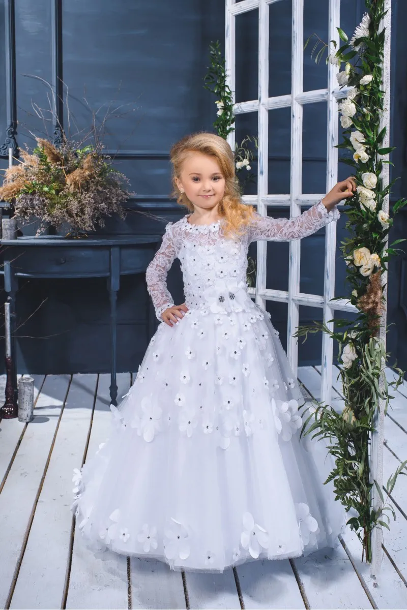 White lace long sleeve flower girl dress hotsell