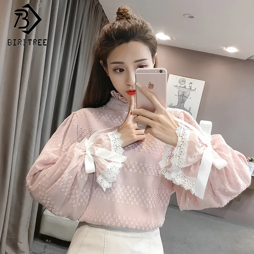 Style Bow Spring Office Lady Women Chiffon Blouses Elegance Lace Patchwork Shirts Loose Flare Sleeve Blouses Hot Sale T81913A