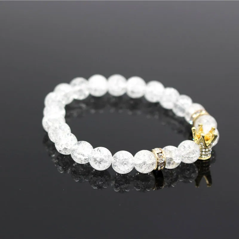 Micro Pave White Cz Gold Color King Crown Charm Armband Män Dull Polsk vit Popcorn Stone Bead Armband Smycken för kvinnor