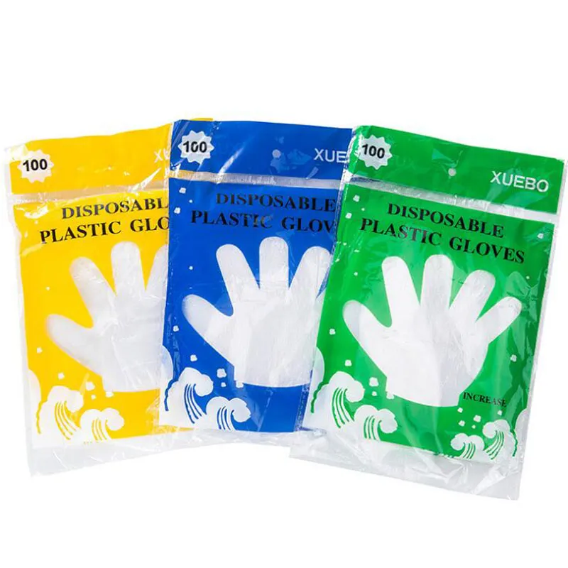 Gants jetables de qualité alimentaire jetables les moins chers 100pcs / sac gants de santé de ménage de beauté épaissis transparents avec sac de vente au détail coloré