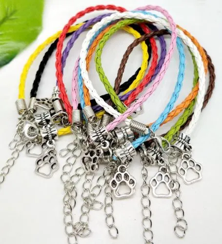 100pcs/lot Paw print Charms Pendant Leather Rope Bracelet DIY Jewelry
