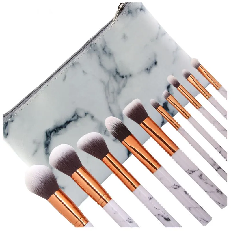 Maange 10st / Set Marbling Makeup Brushes Kit Marmor Mönster med PU Brush Bag Powder Contour Eye Shadow Beauty Make Up Borsta Kosmetiska Verktyg