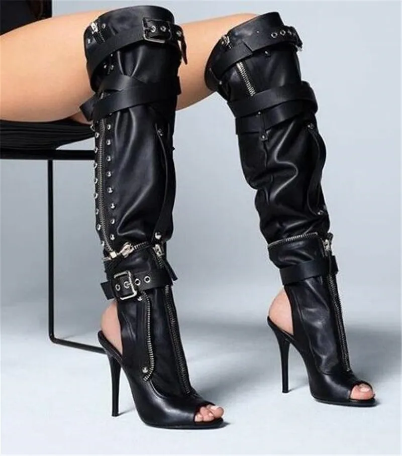 Новый дизайн женский мода Open Toe Black Leather Leather Design Design Design High Boots Съемные длинные высокие каблуки мотоциклетные ботинки Гроки сапоги