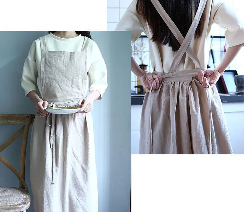 European Lady's Apron Washed Cotton Linen Adult Aprons for Woman Kitchen Cooking Gardening Coffee Shop Uniform ZA6898