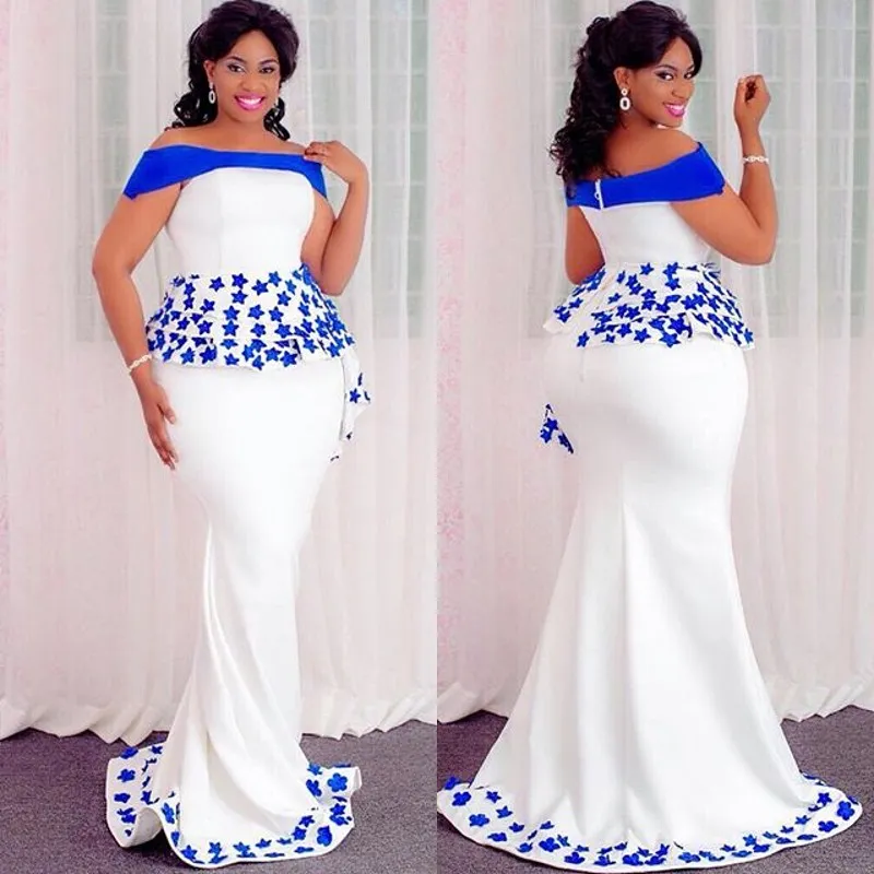 White Off Shoulder Prom Dresses With Blue Appliques Sexy Mermaid Long Prom Dress Formal Evening Gowns Custom Made Plus Size Cocktail Dress