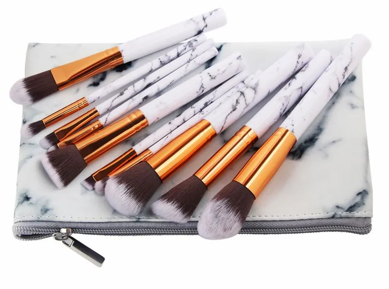 MAANS 10 STKS / SET MARBEREN MAKEUP Borstels Kit Marmeren Patroon met PU-borstelzak Poeder Contour Oogschaduw Schoonheid Make-up Borstel Cosmetische Gereedschap