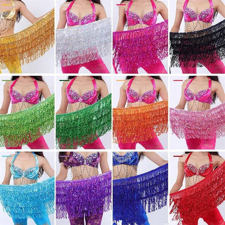 Buikdans kostuum schijnen kwastje fringe heup riem taille wrap rok dansen kostuum 30pcs / lot t2i334