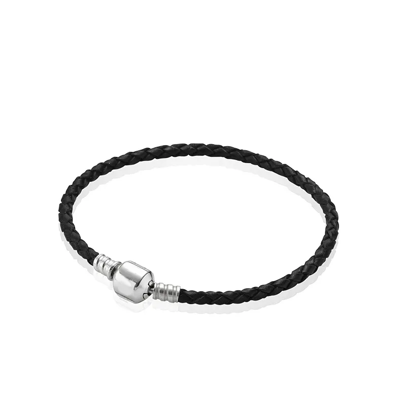 100% Real Black Leather Woven Mens Charm Bracelets for 925 Silver Pandora Charms Bracelet Best Gift Jewelry for Women and men